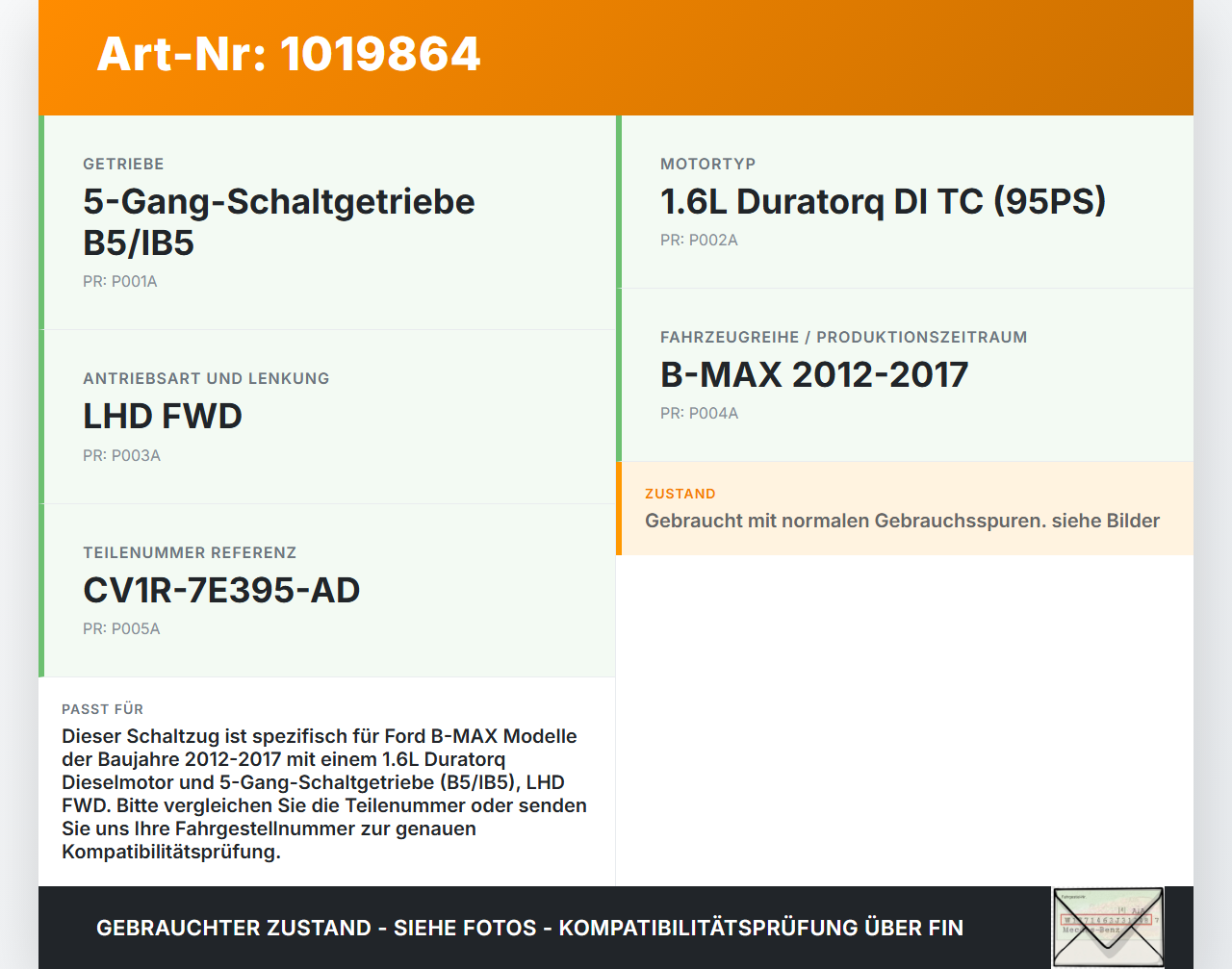 Ford B-Max 12-17 1,6 70KW Schaltzug Schaltseilzug Schaltseil Ford B-Max 12-17 21.03.2013 CV1R-7E395-AD gebraucht Vorschau 3