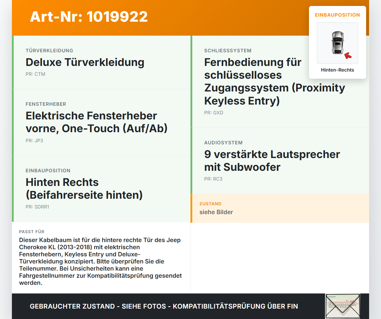 Jeep Cherokee KL 13-18 Kabelbaum Leitungssatz für Tür und Fensterheber Hinten Rechts Jeep Cherokee KL 13-18... Vorschau 3