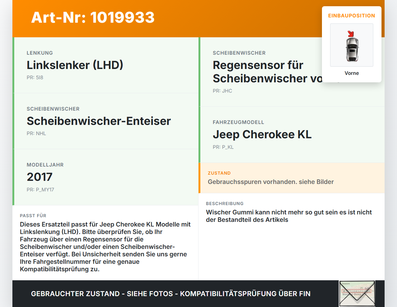 Jeep Cherokee KL 13-18 2x Scheibenwischer Wischarm Vorne Jeep Cherokee KL 13-18 01.01.2017 gebraucht Vorschau 3
