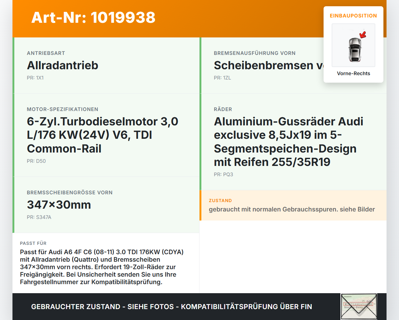 Audi A6 4F C6 08-11 TDI 3,0 176KW Bremssattel Bremszange Vorne Rechts 347X30mm 5/112 Orig. Ate Audi A6 4F C6 08-11... Vorschau 3