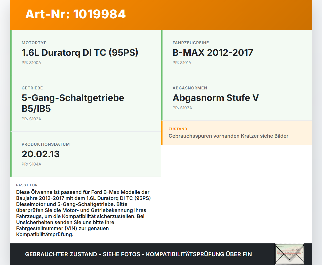 Ford B-Max 12-17 1,6 70KW 1FJ431 Ölwanne Motorwanne Ford B-Max 12-17 21.03.2013 JX6Q-6675-AB gebraucht Vorschau 3