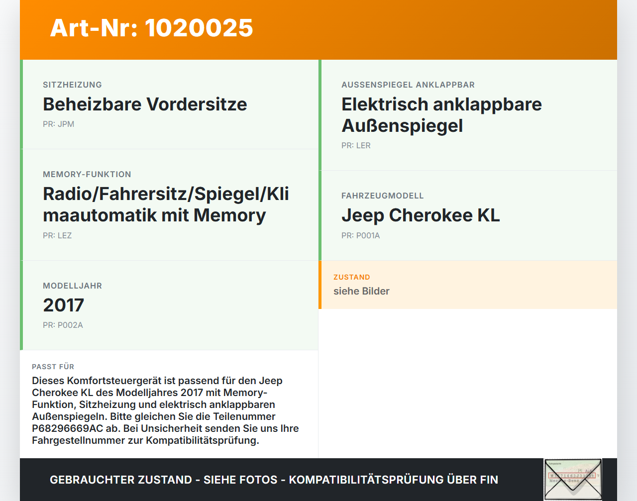 Jeep Cherokee KL 13-18 Steuergerät Komfort SG Jeep Cherokee KL 13-18 01.01.2017 P68296669AC 53413182 gebraucht Vorschau 3