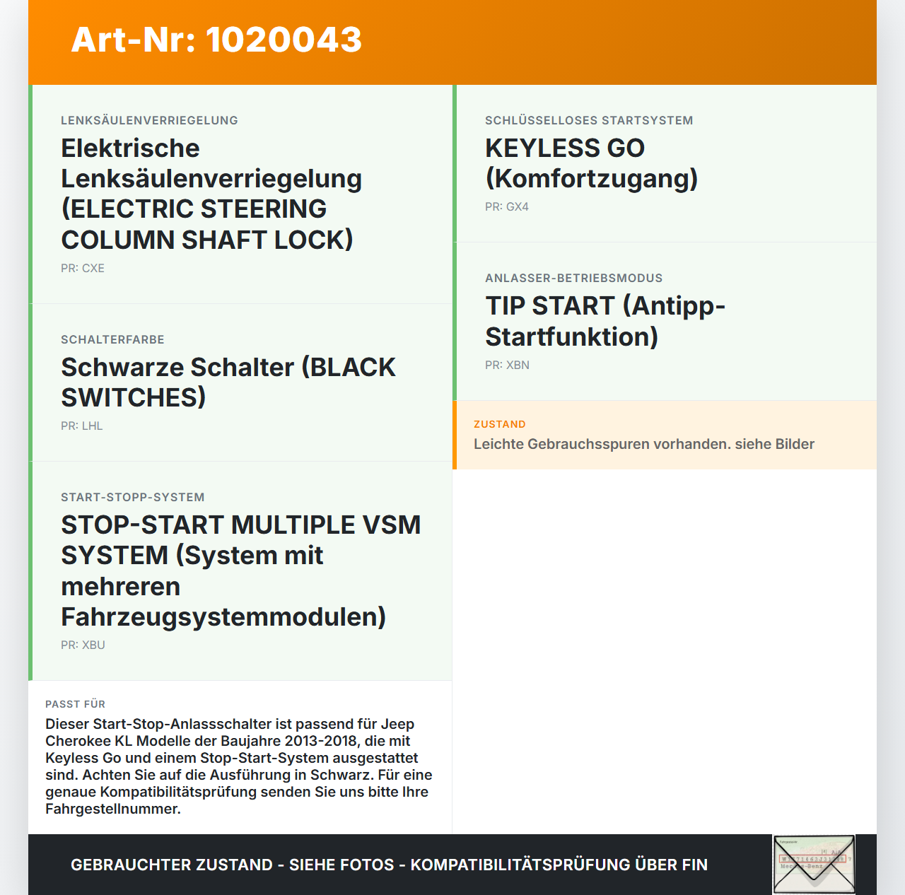 Jeep Cherokee KL 13-18 Schalter Start Stop On Off Anlassschalter Jeep Cherokee KL 13-18 01.01.2017 39754J... Vorschau 3