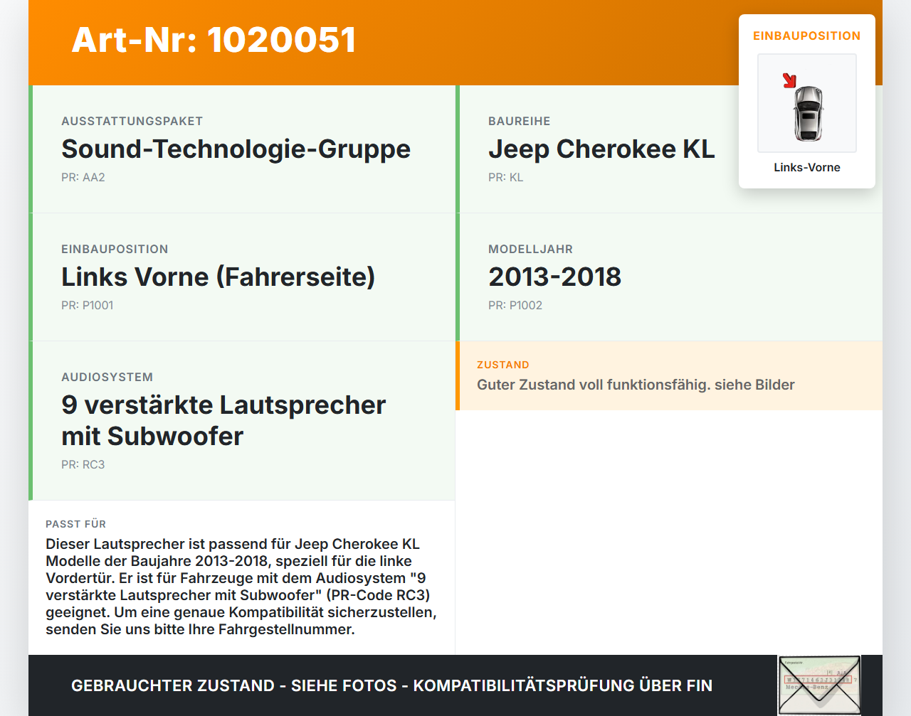 Jeep Cherokee KL 13-18 Lautsprecher Türlautsprecher Box Links Vorne Jeep Cherokee KL 13-18 01.01.2017 05064359AB... Vorschau 3