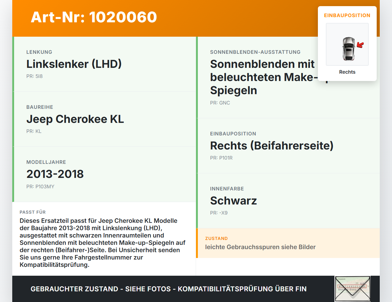 Jeep Cherokee KL 13-18 Sonnenblende Rechts mit Spiegel beleuchtet Jeep Cherokee KL 13-18 01.01.2017 5070220101 gebraucht Vorschau 3