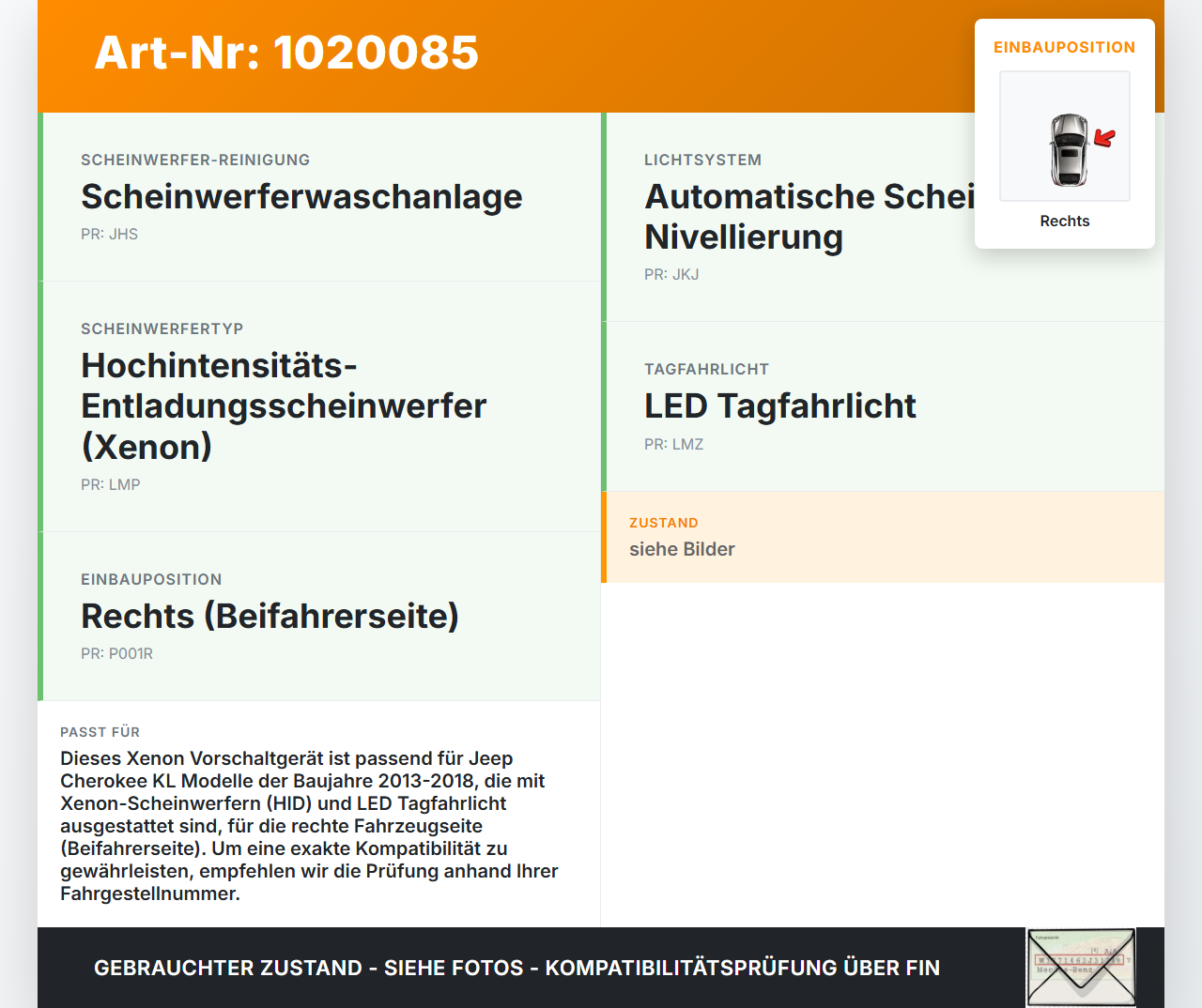 Jeep Cherokee KL 13-18 Xenon Vorschaltgerät Rechts Jeep Cherokee KL 13-18 01.01.2017 130732948901 10EEG130772 gebraucht Vorschau 3