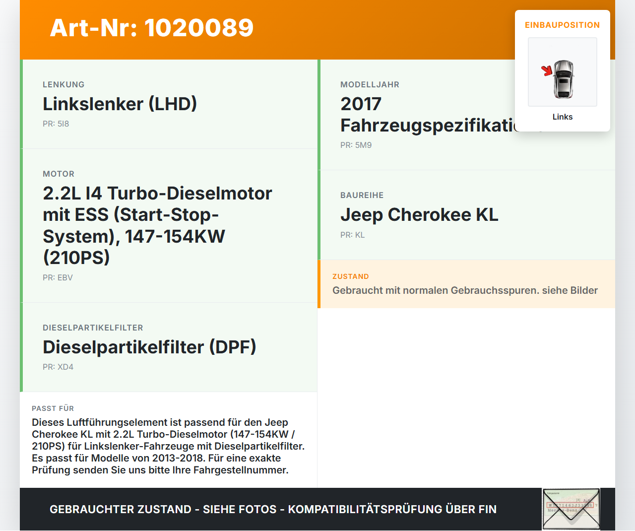 Jeep Cherokee KL 13-18 2,2d 147KW Luftführung Luftleitelement Verkleidung Abdeckung Links Jeep Cherokee KL 13-18... Vorschau 3