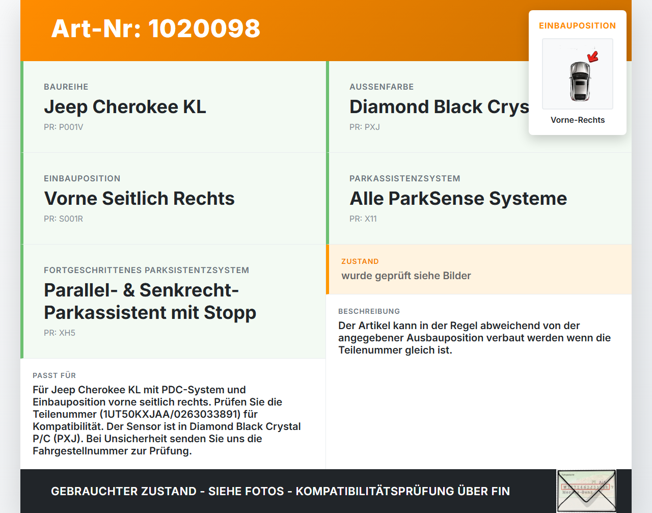 Jeep Cherokee KL 13-18 Abstands Sensor Parksensor PDC Vorne Seitlich Rechts Jeep Cherokee KL 13-18 01.01.2017... Vorschau 3