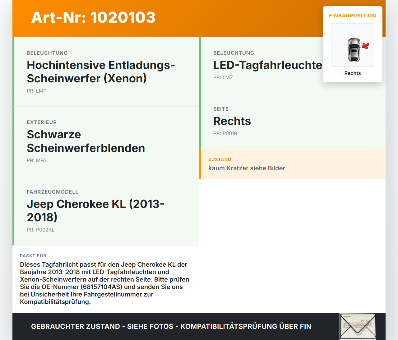 Jeep Cherokee KL 13-18 Tagfahrlicht Tagfahrleuchte Rechts Jeep Cherokee KL 13-18 01.01.2017 68157104AS F00HTC501029... Vorschau 3