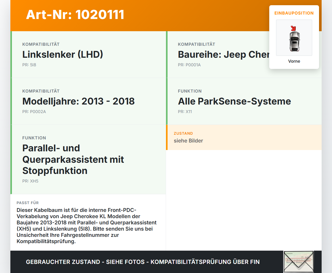 Jeep Cherokee KL 13-18 Kabelbaum Innen PDC Vorne Jeep Cherokee KL 13-18 01.01.2017 68274357AB gebraucht Vorschau 3