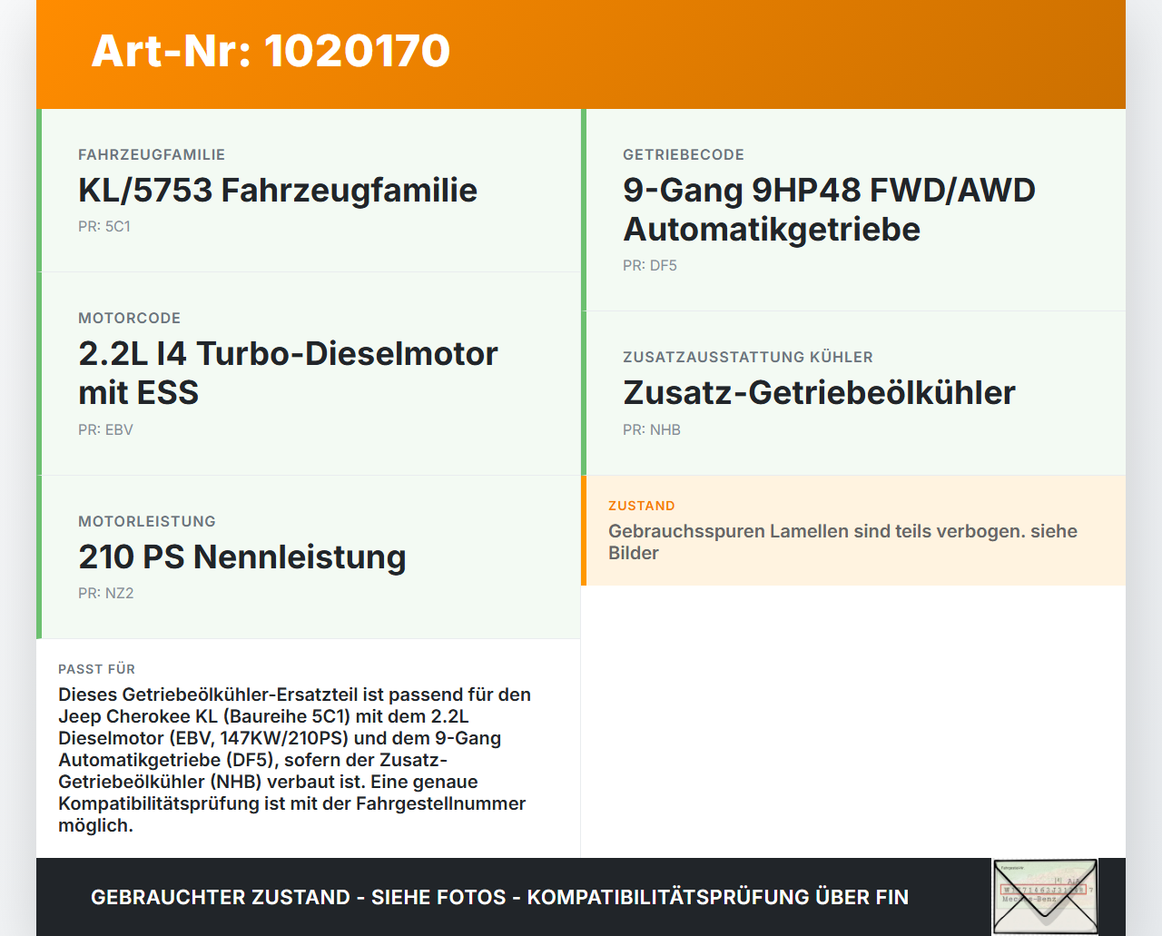 Jeep Cherokee KL 13-18 2,2d 147KW Ölkühler Getriebeölkühler Jeep Cherokee KL 13-18 01.01.2017 TLA-12T001 gebraucht Vorschau 3