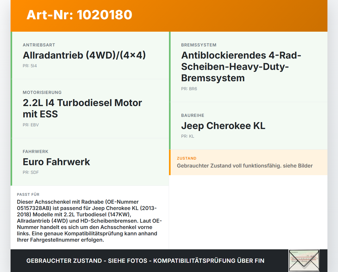 Jeep Cherokee KL 13-18 2,2d 147KW Achsschenkel mit Radnabe Jeep Cherokee KL 13-18 01.01.2017 05157328AB gebraucht Vorschau 3
