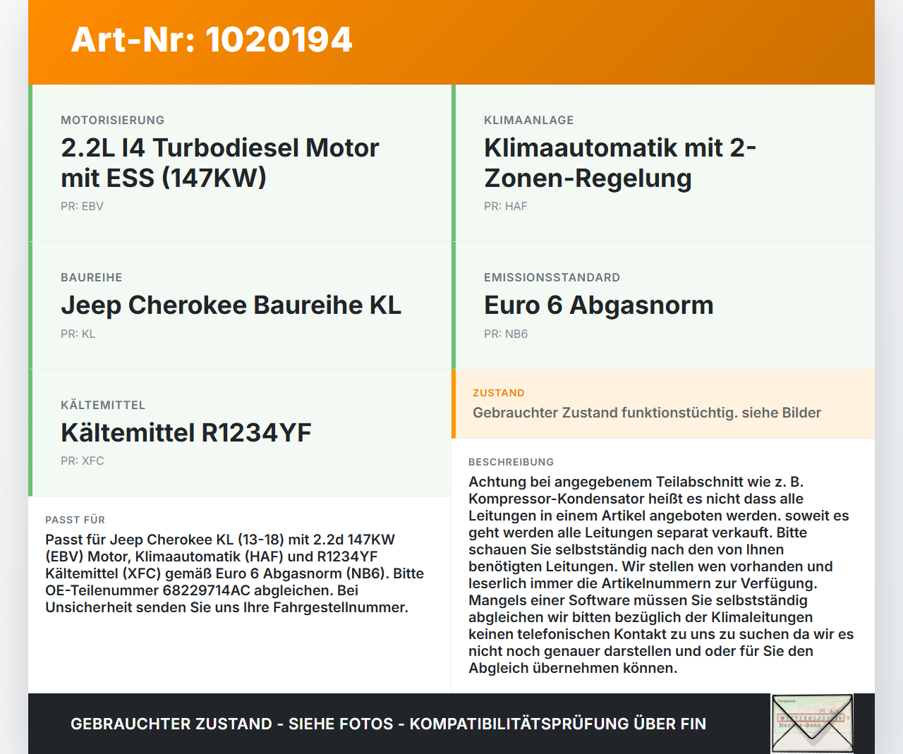 Jeep Cherokee KL 13-18 2,2d 147KW Klimaschlauch Klimaleitung Jeep Cherokee KL 13-18 01.01.2017 68229714AC gebraucht Vorschau 3