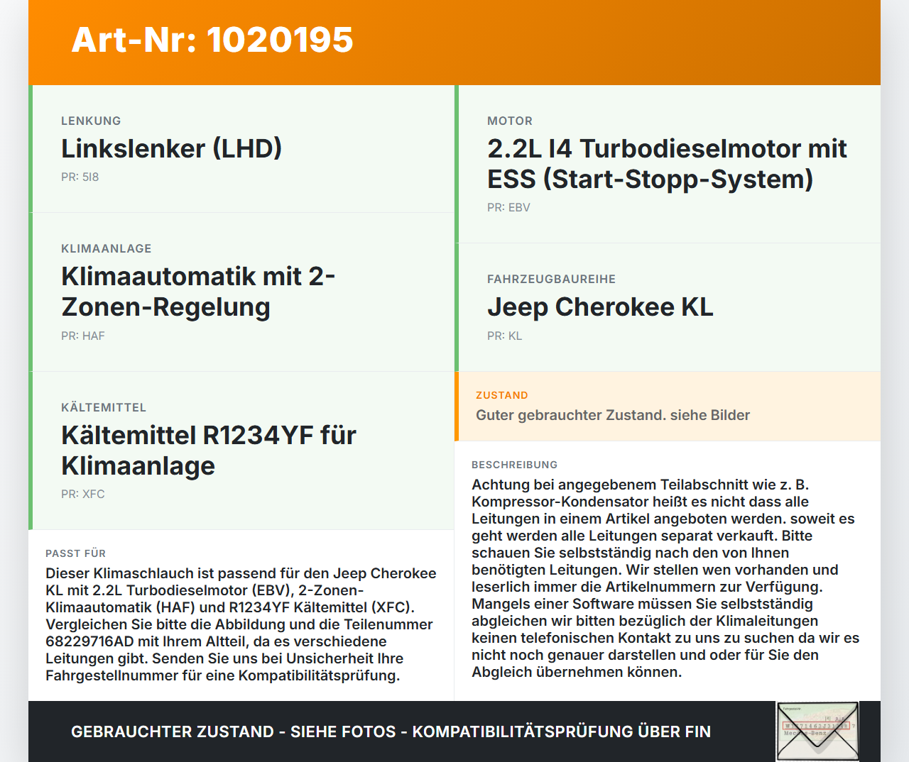 Jeep Cherokee KL 13-18 2,2d 147KW Klimaschlauch Klimaleitung Jeep Cherokee KL 13-18 01.01.2017 68229716AD gebraucht Vorschau 3