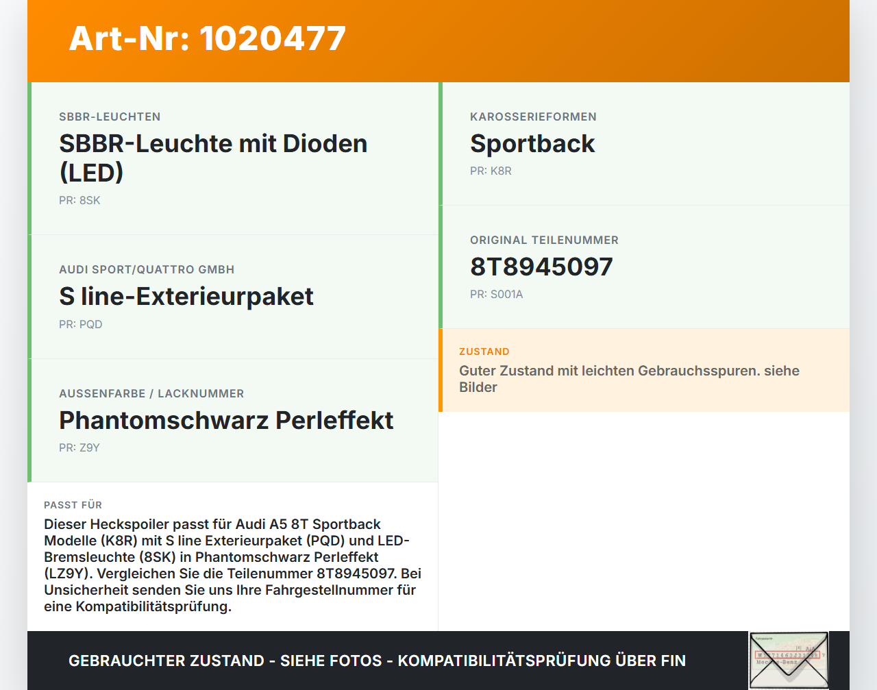 Audi A5 8T 11-16 5T Heckspoiler Spoilerlippe 3. Bremsleuchte LZ9Y Audi A5 8T 11-16 04.04.2013 8T8945097 010211-00... Vorschau 3