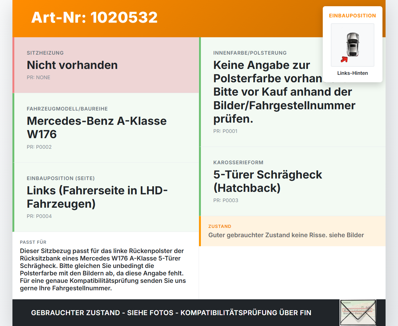 Mercedes W176 A180 15-18 5T Sitzbezug Rückenpolster Links für Rücksitzbank Hinten Mercedes W176 A180 15-18... Vorschau 3