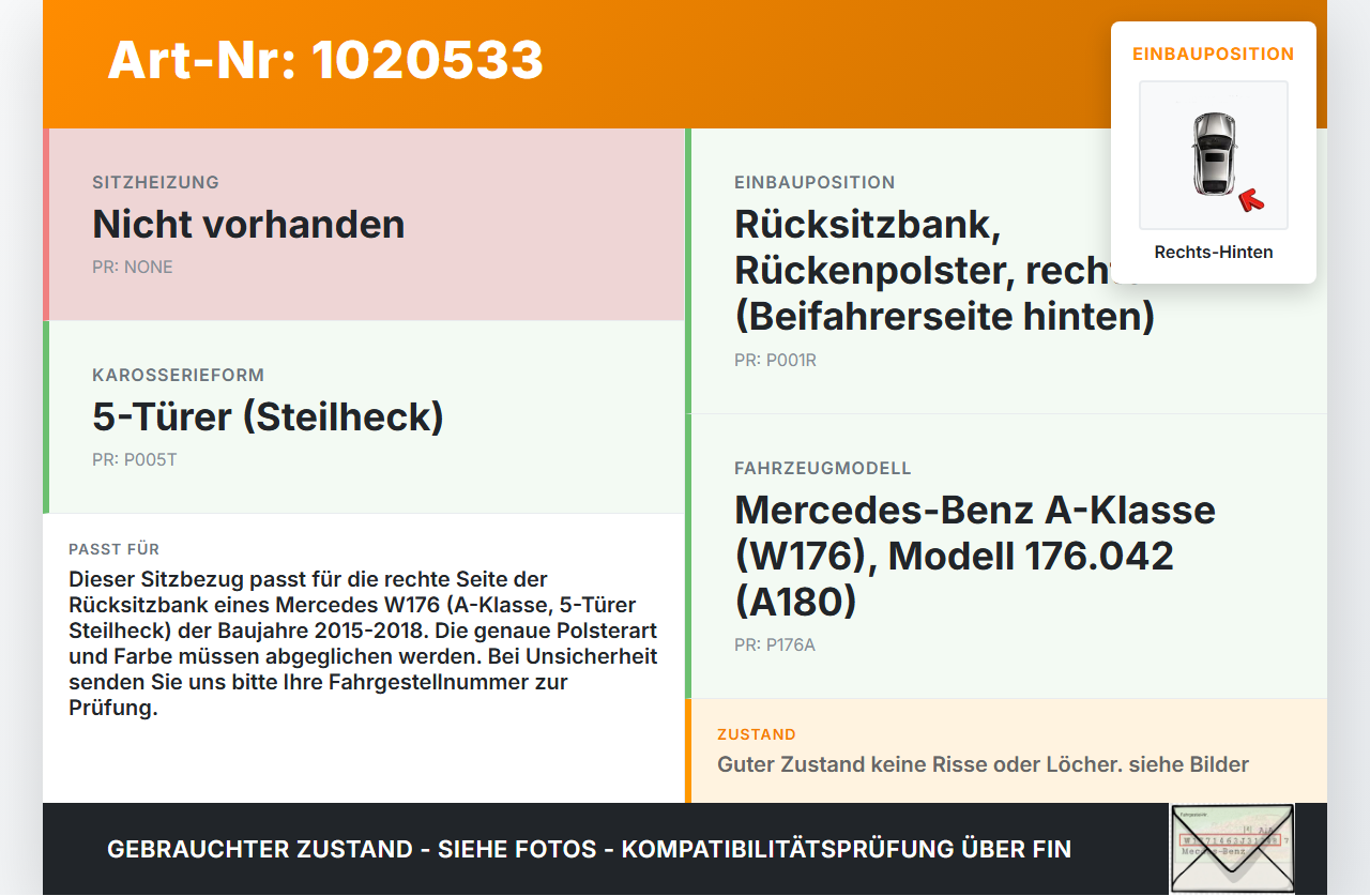 Mercedes W176 A180 15-18 5T Sitzbezug Rückenpolster Rechts für Rücksitzbank Hinten Mercedes W176 A180 15-18... Vorschau 3