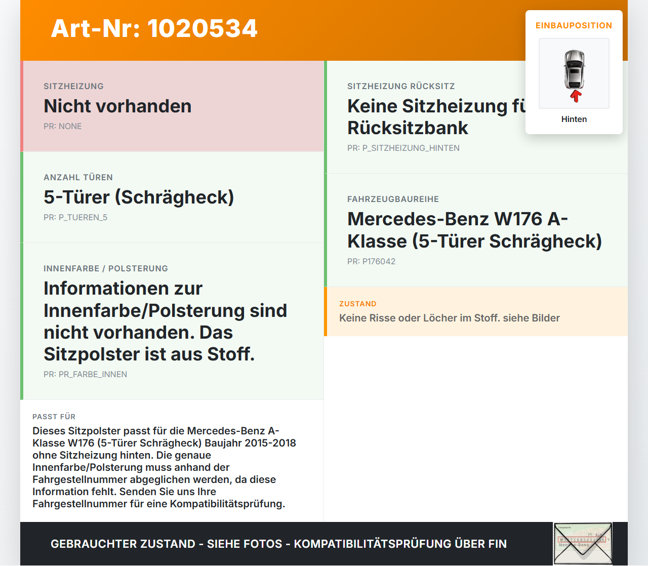 Mercedes W176 A180 15-18 5T Sitzpolster für Rücksitzbank Hinten Mercedes W176 A180 15-18 19.10.2016 2124376 gebraucht Vorschau 3