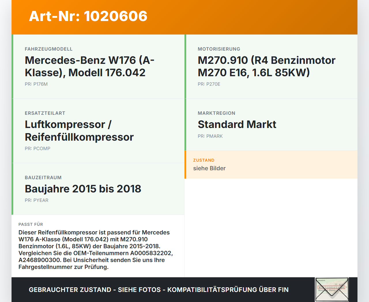 Mercedes W176 A180 15-18 1,6 85KW Luftkompressor Reifenfüllkompressor Mercedes W176 A180 15-18 19.10.2016... Vorschau 3