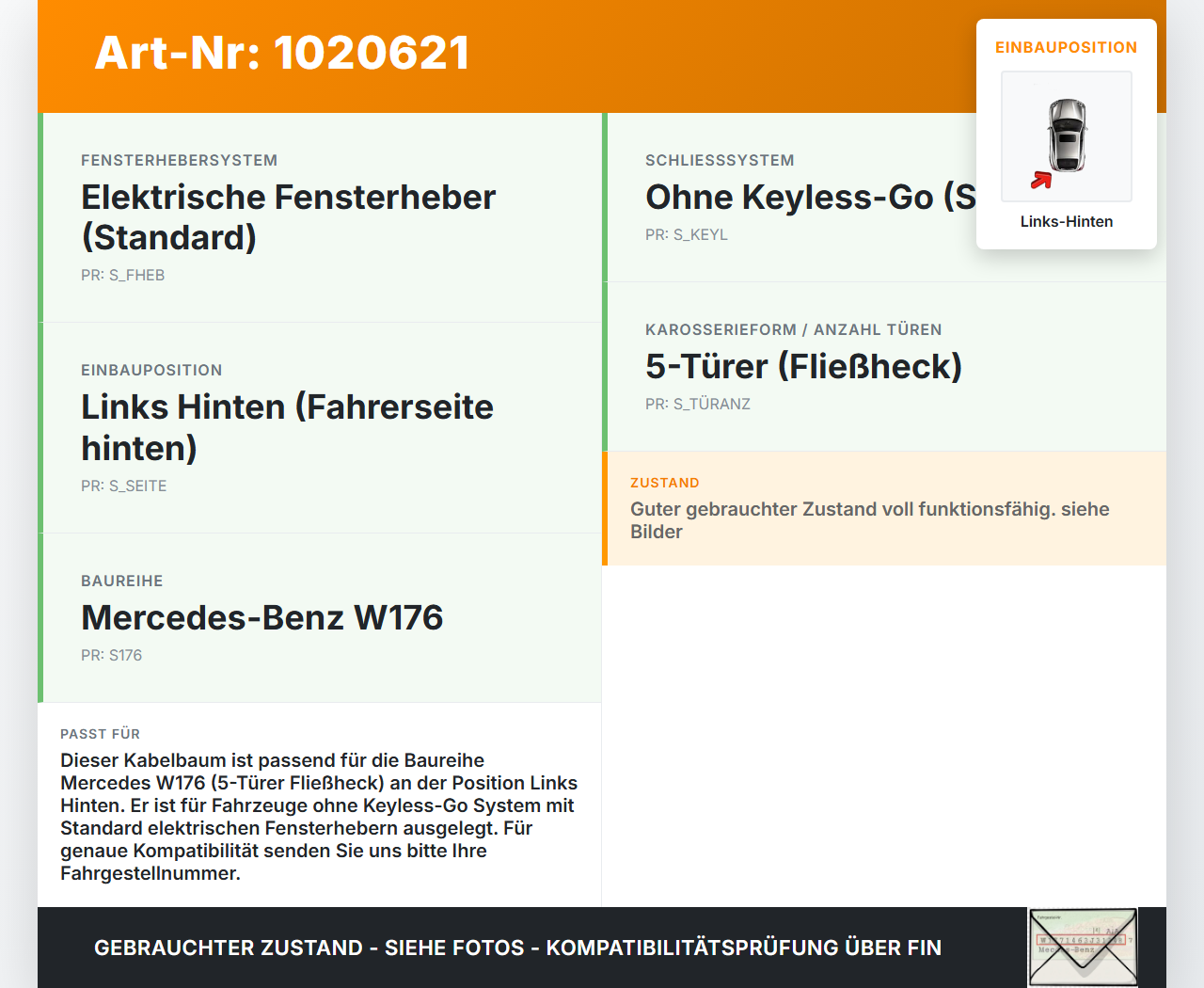 Mercedes W176 A180 15-18 5T Kabelbaum für Tür und Fensterheber Links Hinten Mercedes W176 A180 15-18 19.10.2016... Vorschau 3