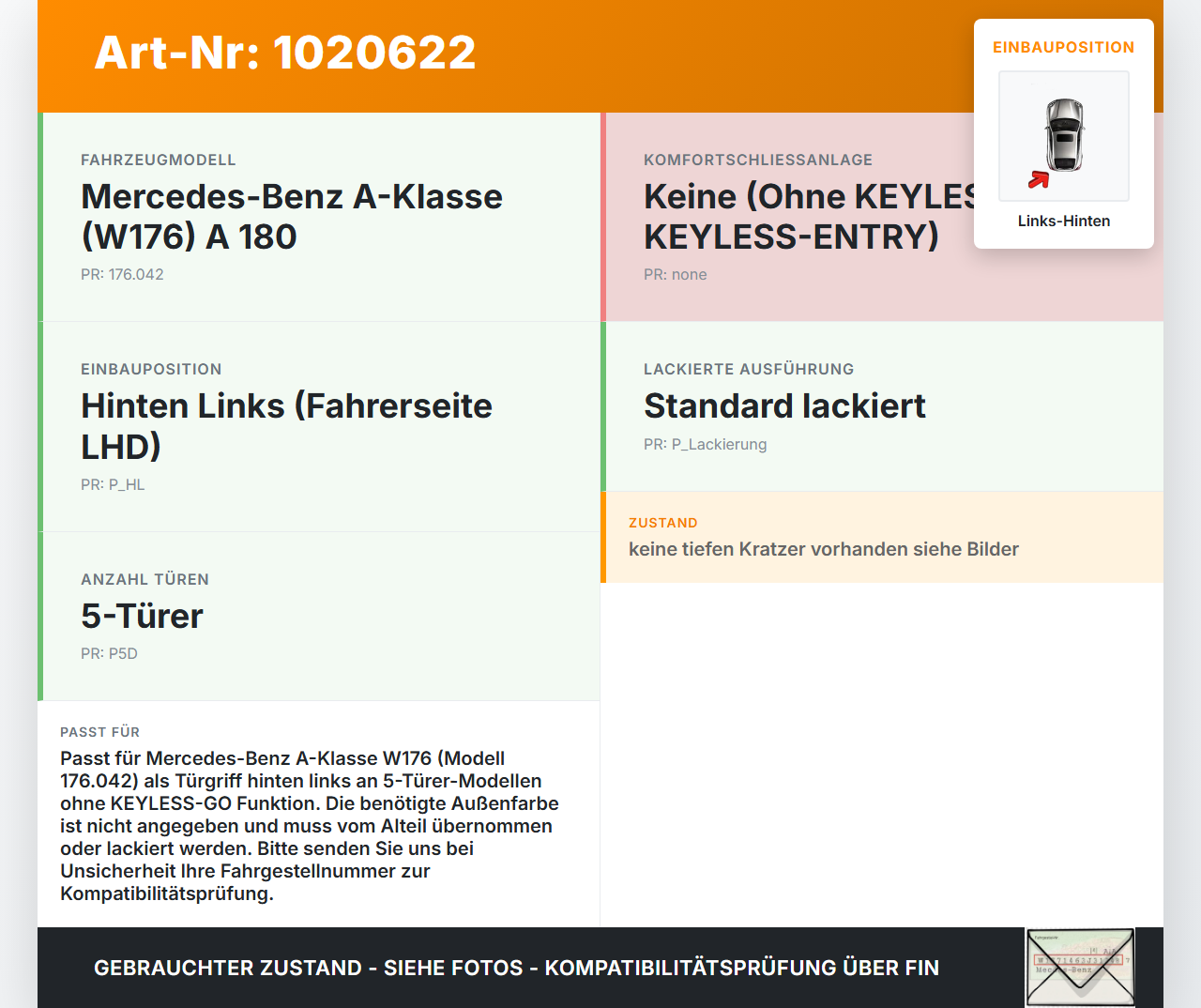 Mercedes W176 A180 15-18 5T Türgriff Griff aussen Links Hinten Mercedes W176 A180 15-18 19.10.2016 A2047602134 gebraucht Vorschau 3