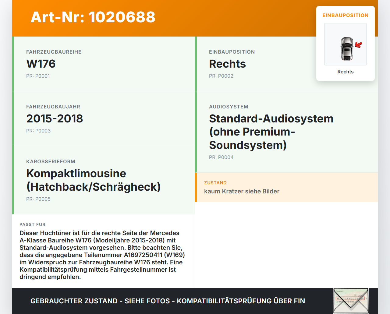 Mercedes W176 A180 15-18 Lautsprecher Hochtöner Rechts Mercedes W176 A180 15-18 19.10.2016 A1697250411 MSZ115004... Vorschau 3