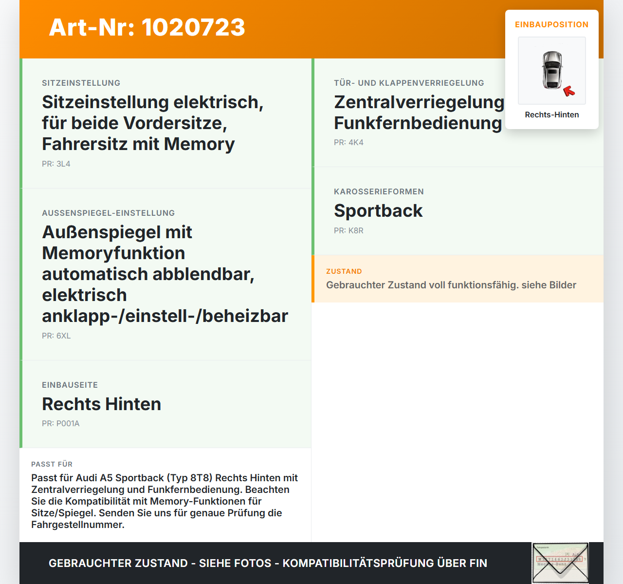 Audi A5 8T 11-16 5T Türschloss m. ZV Stellmotor Rechts Hinten Audi A5 8T 11-16 04.04.2013 8K0839016C gebraucht Vorschau 3