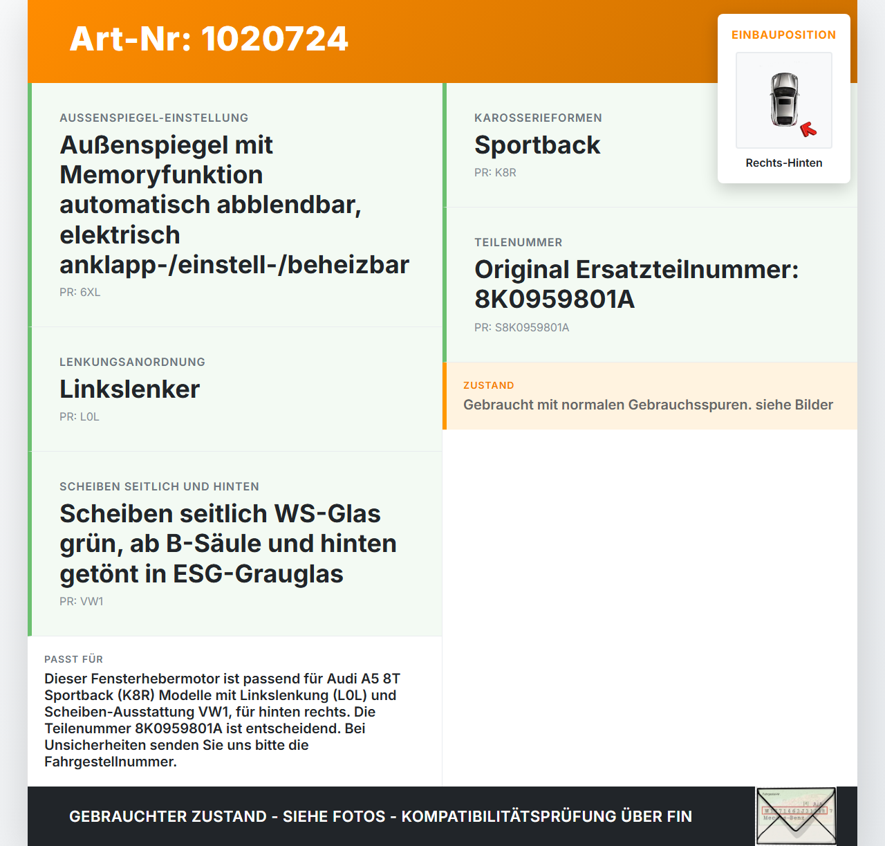 Audi A5 8T 11-16 5T Fensterhebermotor Rechts Hinten Audi A5 8T 11-16 04.04.2013 8T0959801B 8K0959801A... Vorschau 3