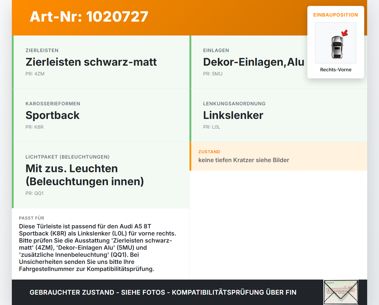 Audi A5 8T 11-16 5T Türleiste Innen Rechts Vorne LZ9Y Audi A5 8T 11-16 04.04.2013 gebraucht Vorschau 3