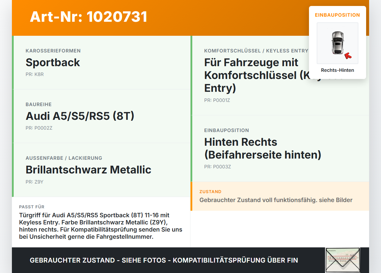 Audi A5 8T 11-16 5T Türgriff Griff aussen Rechts Hinten Keyless Entry LZ9Y Audi A5 8T 11-16 04.04.2013 8T0837886B... Vorschau 3