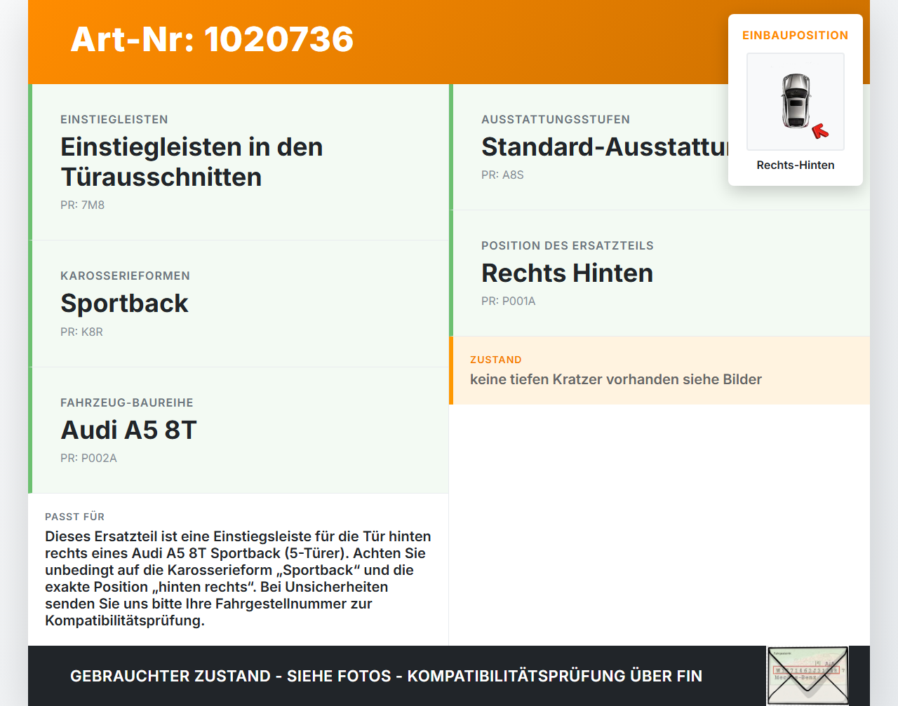 Audi A5 8T 11-16 5T Einstiegsleiste Rechts Hinten Audi A5 8T 11-16 04.04.2013 8T8853375B 8T0853374 gebraucht Vorschau 3