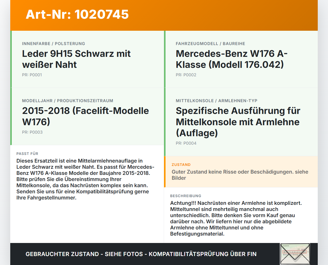 Mercedes W176 A180 15-18 Armlehne Mittelarmlehne Auflage Leder 9H15 Schwarz mit weißer Naht Mercedes W176 A180... Vorschau 3