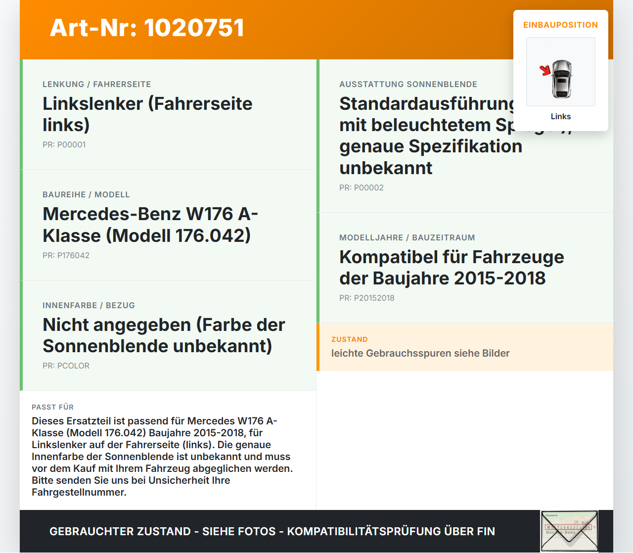 Mercedes W176 A180 15-18 Sonnenblende Links für Fahrer Mercedes W176 A180 15-18 19.10.2016 gebraucht Vorschau 3