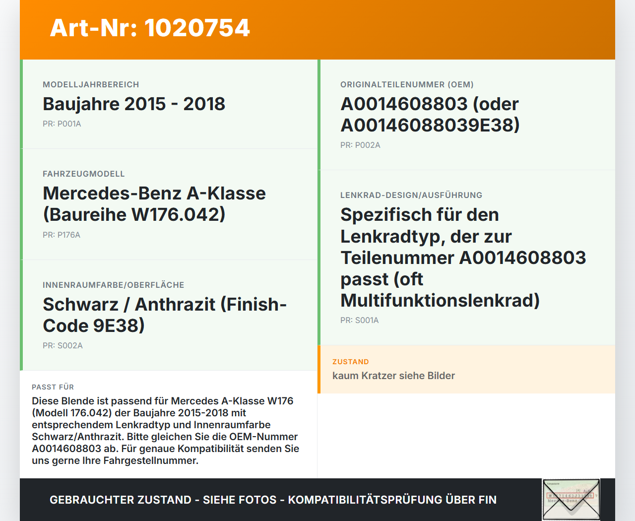 Mercedes W176 A180 15-18 5T Blende Innen Zierrahmen für Lenkrad Mercedes W176 A180 15-18 19.10.2016 A0014608803... Vorschau 3