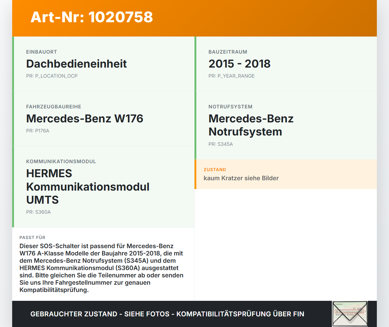 Mercedes W176 A180 15-18 Schalter SOS Mercedes W176 A180 15-18 19.10.2016 34180401-01 gebraucht Vorschau 3