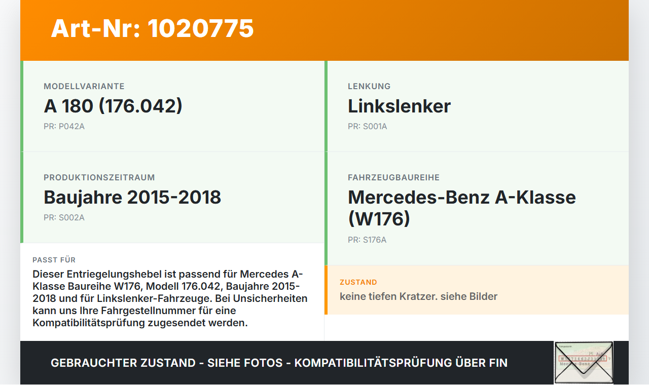 Mercedes W176 A180 15-18 Hebel Entriegelung für Motorhaube Mercedes W176 A180 15-18 19.10.2016 gebraucht Vorschau 3