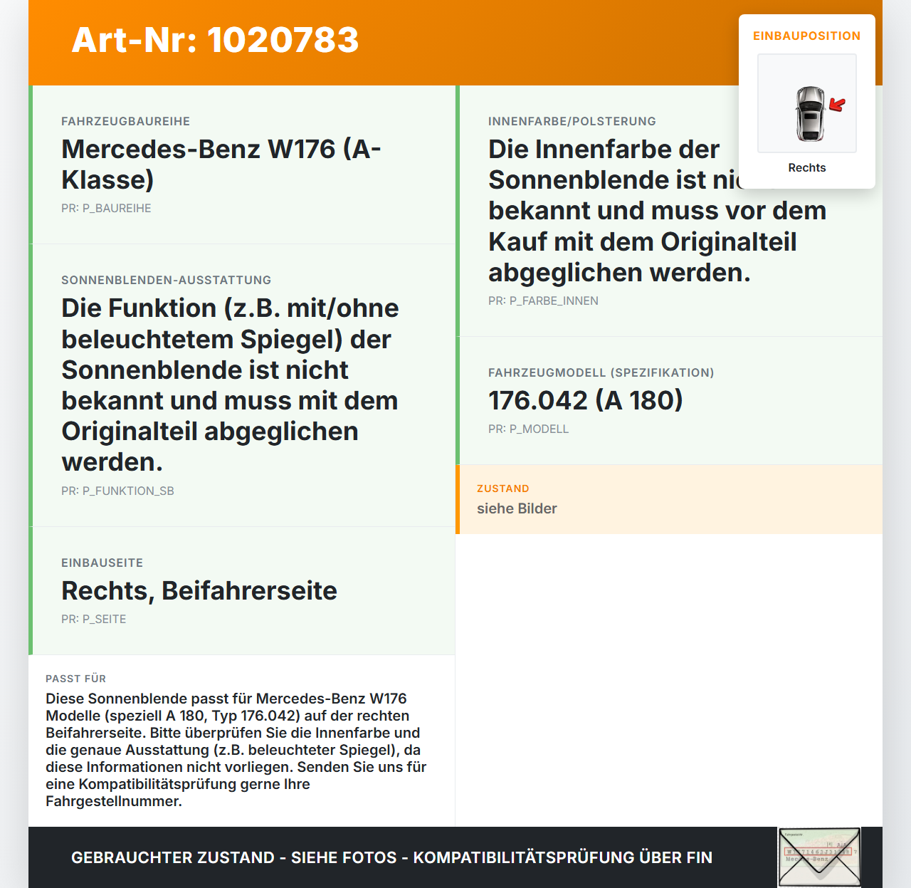 Mercedes W176 A180 15-18 Sonnenblende Rechts für Beifahrer Mercedes W176 A180 15-18 19.10.2016 A2478110500... Vorschau 3