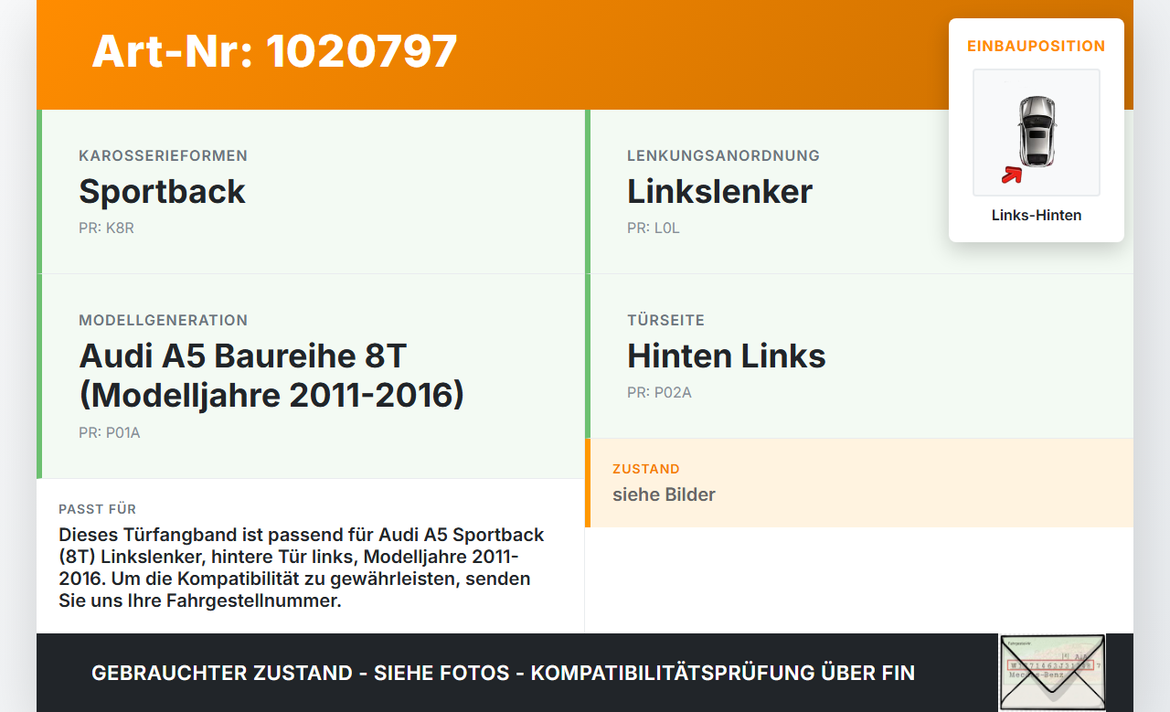 Audi A5 8T 11-16 5T Türfangband Türbremse Türanschlag Links Hinten Audi A5 8T 11-16 04.04.2013 8T8837249C gebraucht Vorschau 3