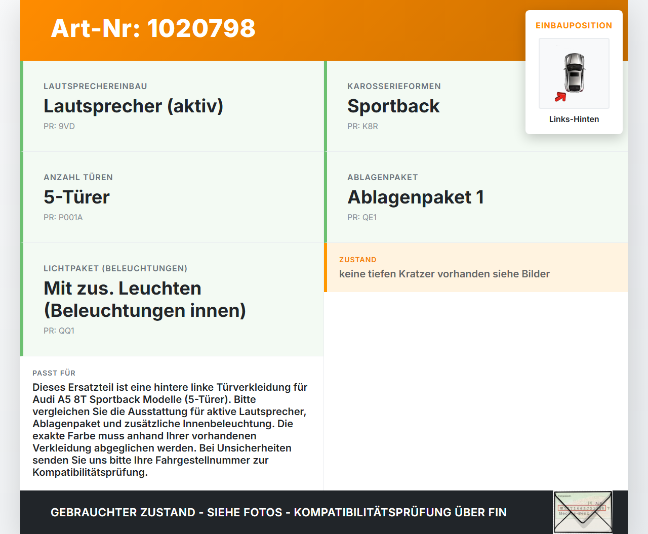 Audi A5 8T 11-16 5T Türverkleidung Türpappe Links Hinten Audi A5 8T 11-16 04.04.2013 gebraucht Vorschau 3