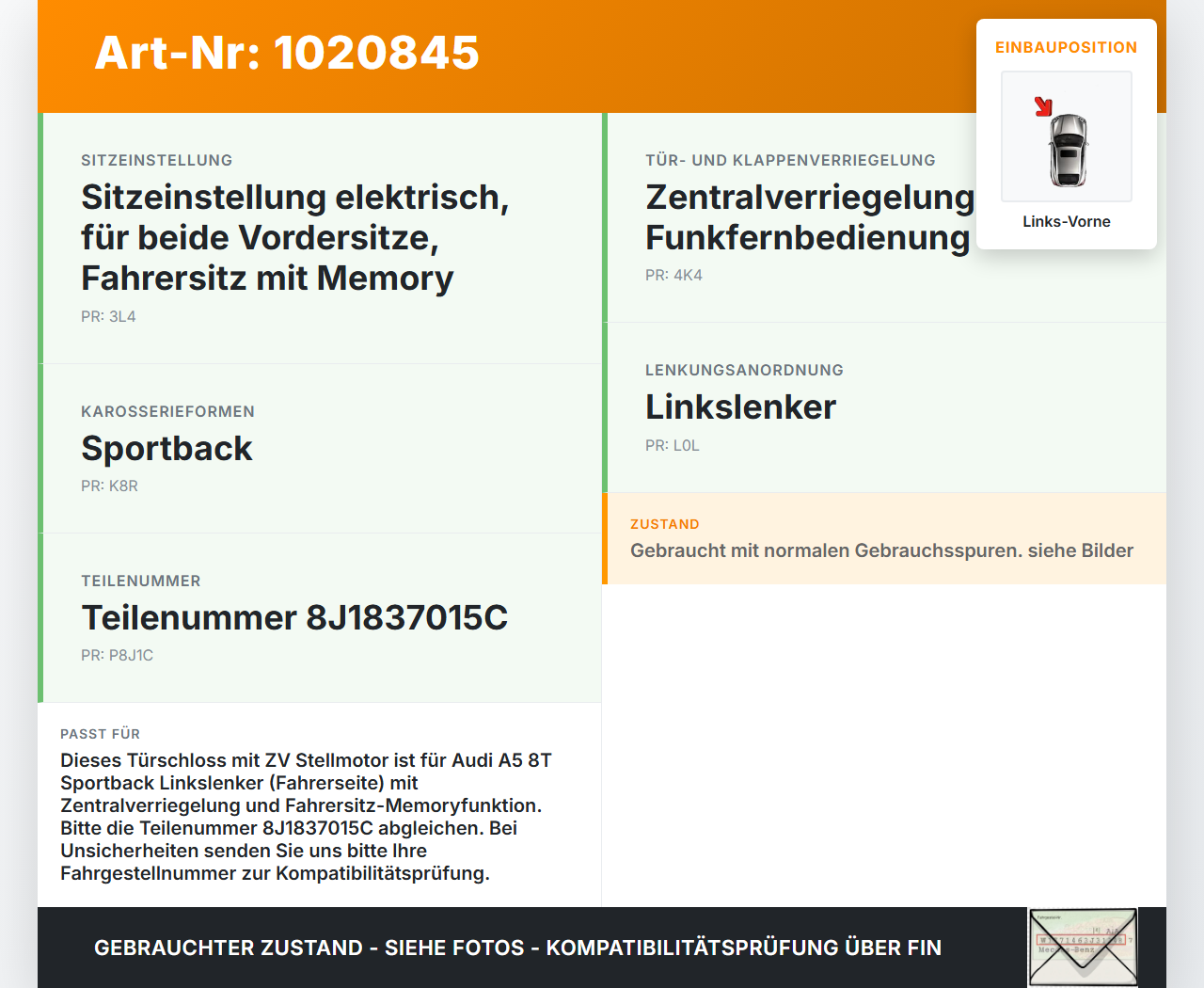 Audi A5 8T 11-16 5T Türschloss mit ZV Stellmotor Links Vorne Audi A5 8T 11-16 04.04.2013 8J1837015C gebraucht Vorschau 3