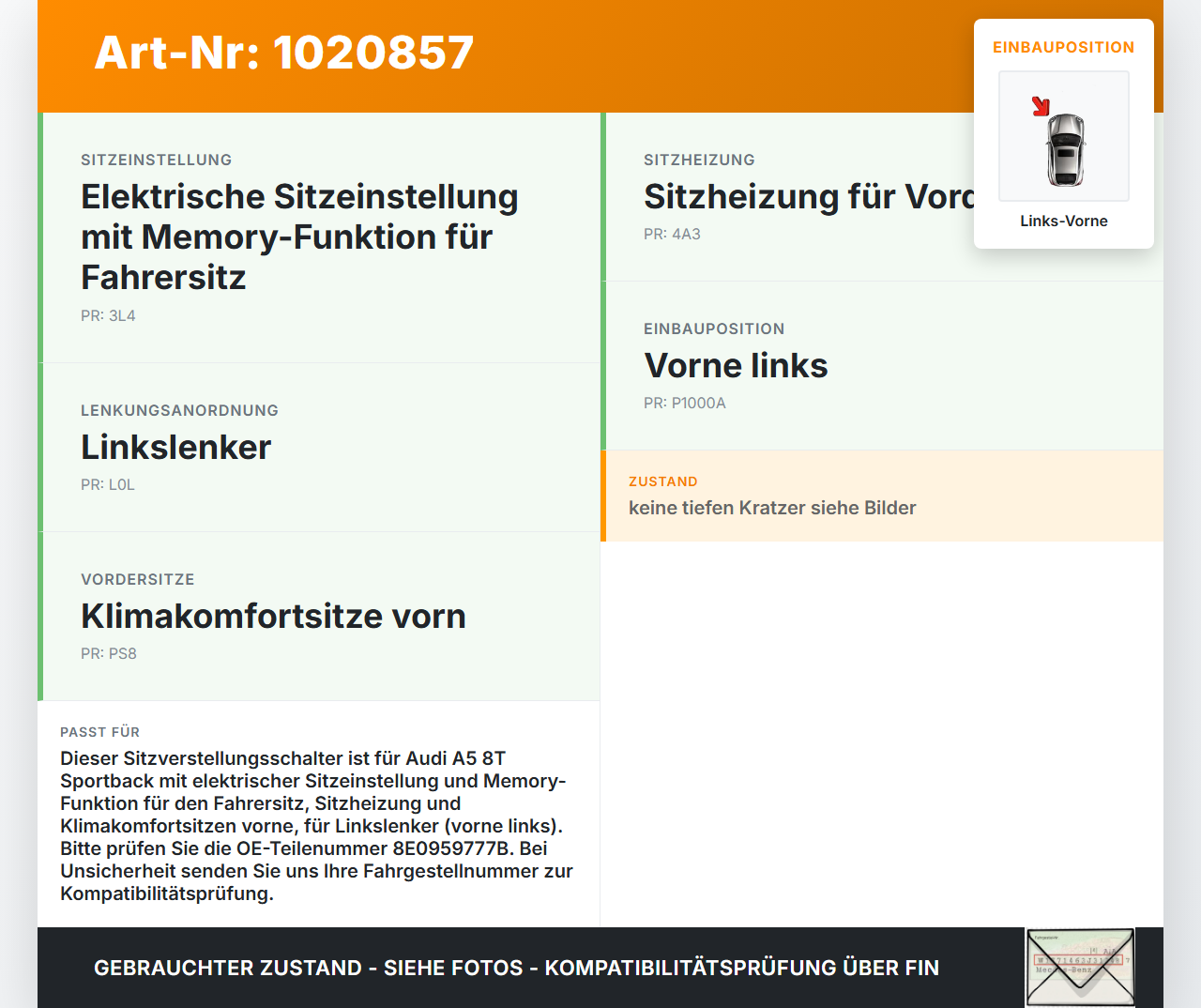 Audi A5 8T 11-16 Sitzverstellung Schalter Links Vorne Audi A5 8T 11-16 04.04.2013 8E0959777B 03481451 8E0959777B4PK... Vorschau 3