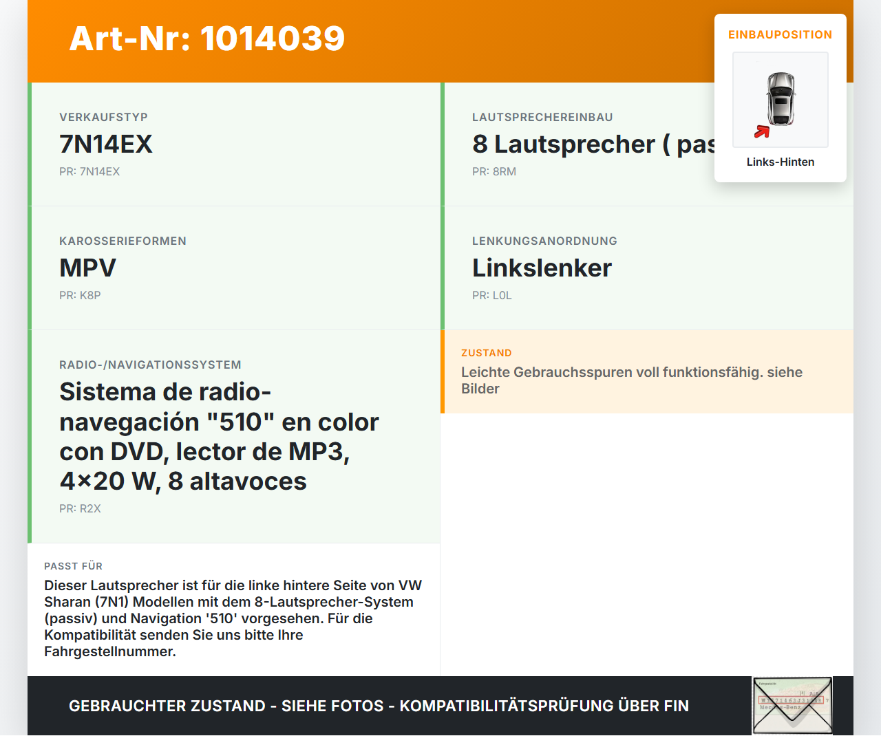 VW Sharan 7N II 10-15 Lautsprecher Links Hinten VW Sharan 7N II 10-15 19.03.2012 7N0035453B gebraucht Vorschau 3