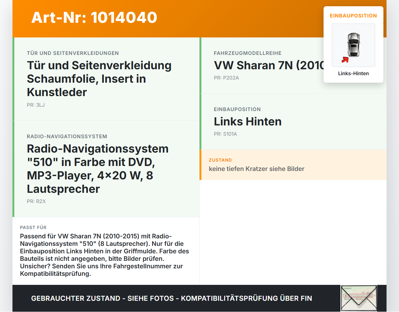 VW Sharan 7N II 10-15 Lautsprecher Hochtöne in Griffmulder Links Hinten VW Sharan 7N II 10-15 19.03.2012 7N0035411A... Vorschau 3