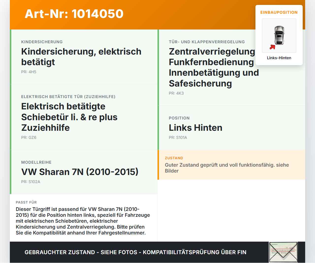 VW Sharan 7N II 10-15 Türgriff Griffmuschel Griff Innen Links Hinten VW Sharan 7N II 10-15 19.03.2012 7N0843641M... Vorschau 3