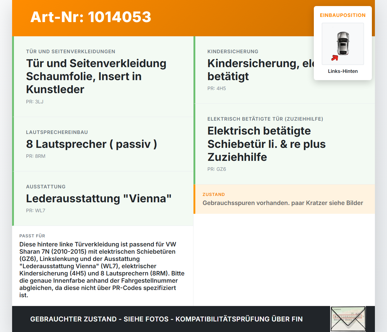 VW Sharan 7N II 10-15 Türverkleidung Türpappe Links Hinten VW Sharan 7N II 10-15 19.03.2012 7N0867211C... Vorschau 3