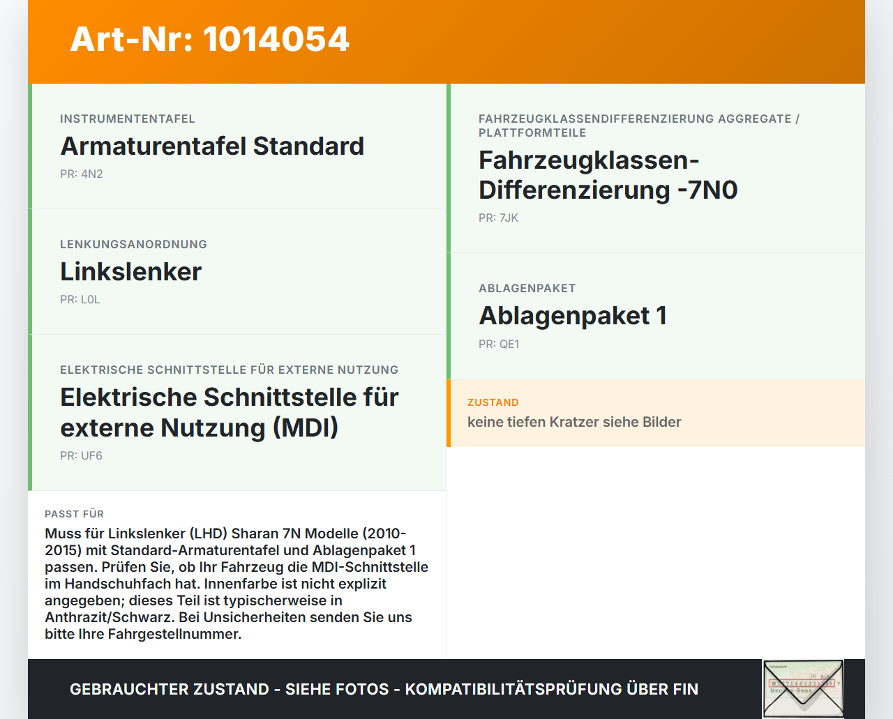 VW Sharan 7N II 10-15 Handschuhfach Handschuhkasten VW Sharan 7N II 10-15 19.03.2012 7N1857104B 0645325 gebraucht Vorschau 3