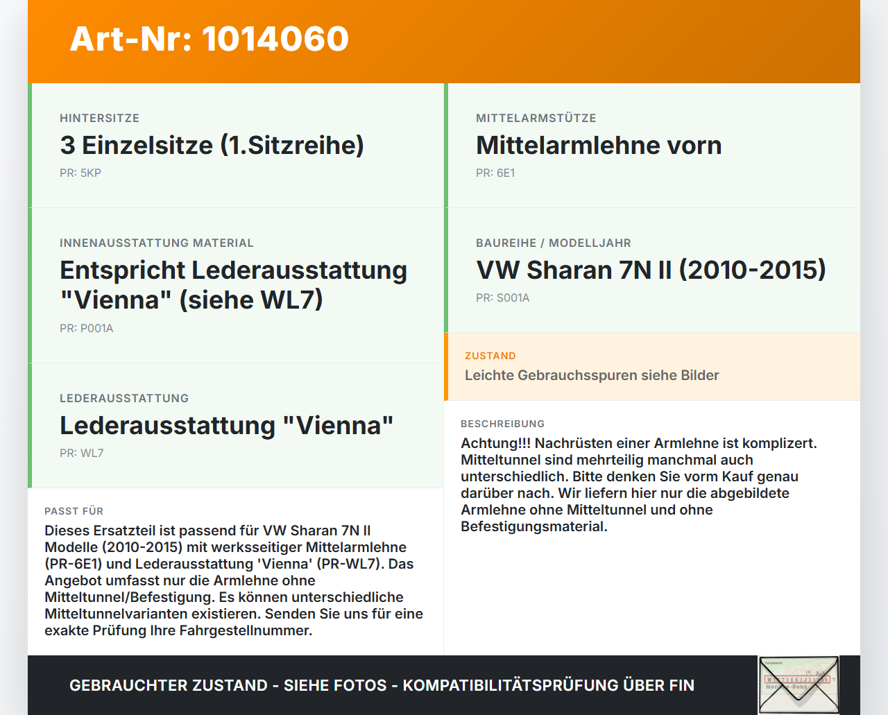 VW Sharan 7N II 10-15 Armlehne Mittelarmlehne Auflage VW Sharan 7N II 10-15 19.03.2012 5M0864208B gebraucht Vorschau 3