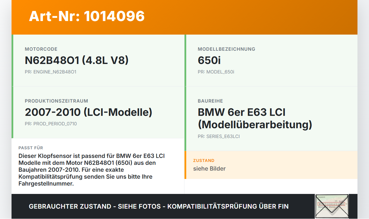 BMW E63 6er 650i 07-10 Klopfsensor Sensor BMW E63 6er 650i 07-10 08.02.2008 7568421 13627568421 gebraucht Vorschau 3