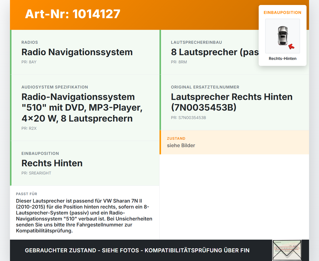 VW Sharan 7N II 10-15 Lautsprecher Rechts Hinten VW Sharan 7N II 10-15 19.03.2012 7N0035453B gebraucht Vorschau 3