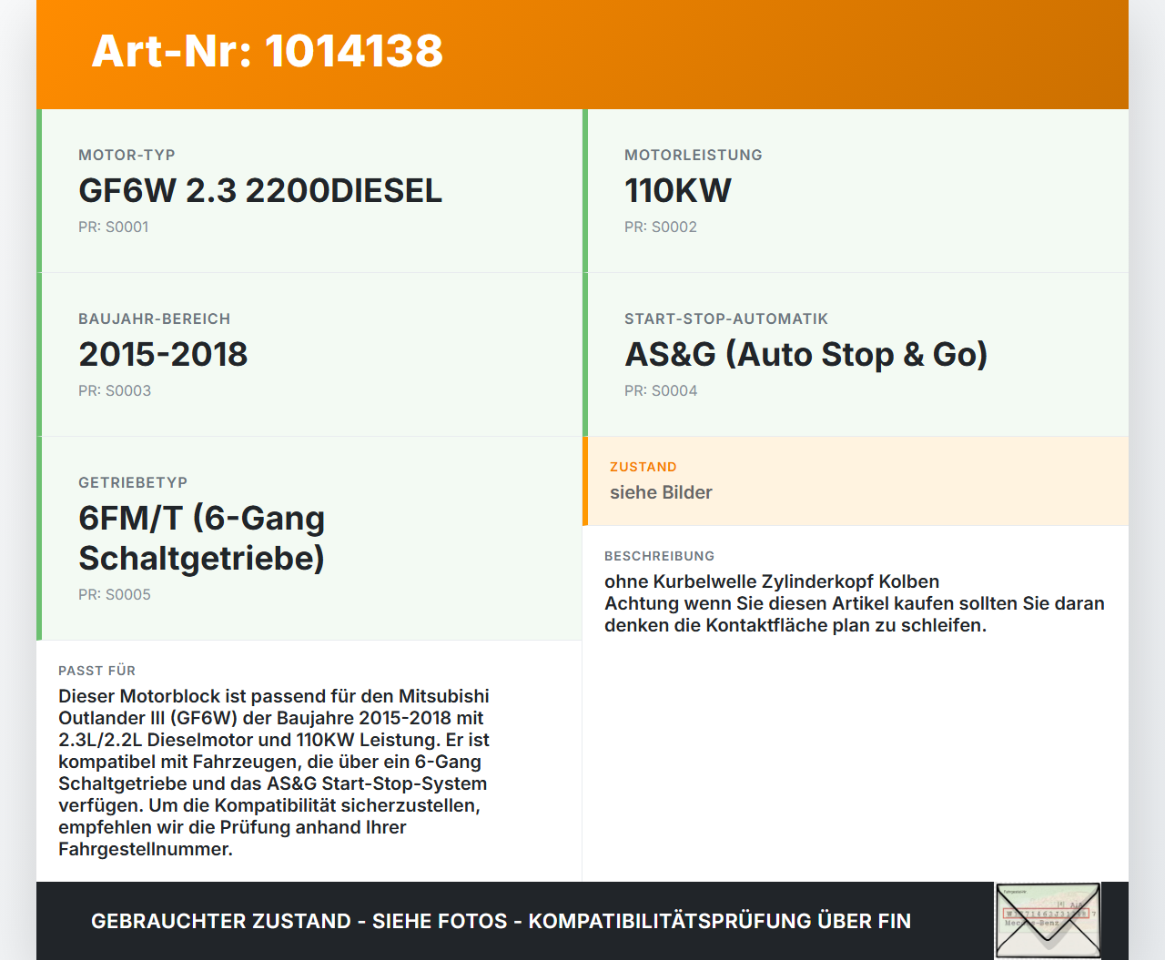 Mitsubishi Outlander III 12-15 2,3 110KW GF6W Motorblock für Motor Mitsubishi Outlander III 12-15 22.09.2015... Vorschau 3
